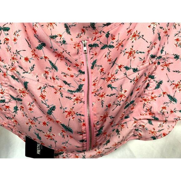 Pretty Little Things Zip Front Pink Floral Crop Top Sz 22 Seam Front Detail NEW - Picture 2 of 5